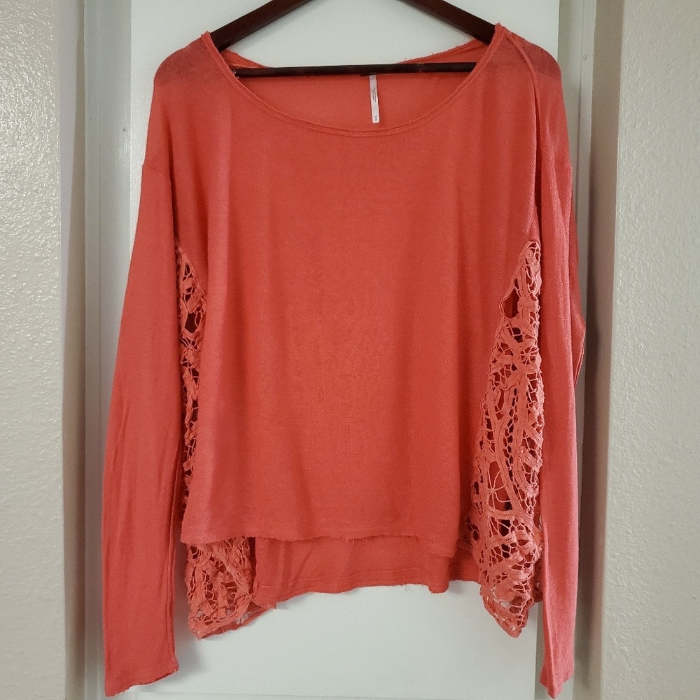 Women's Coral Long-Sleeve Crochet Side Sweater
